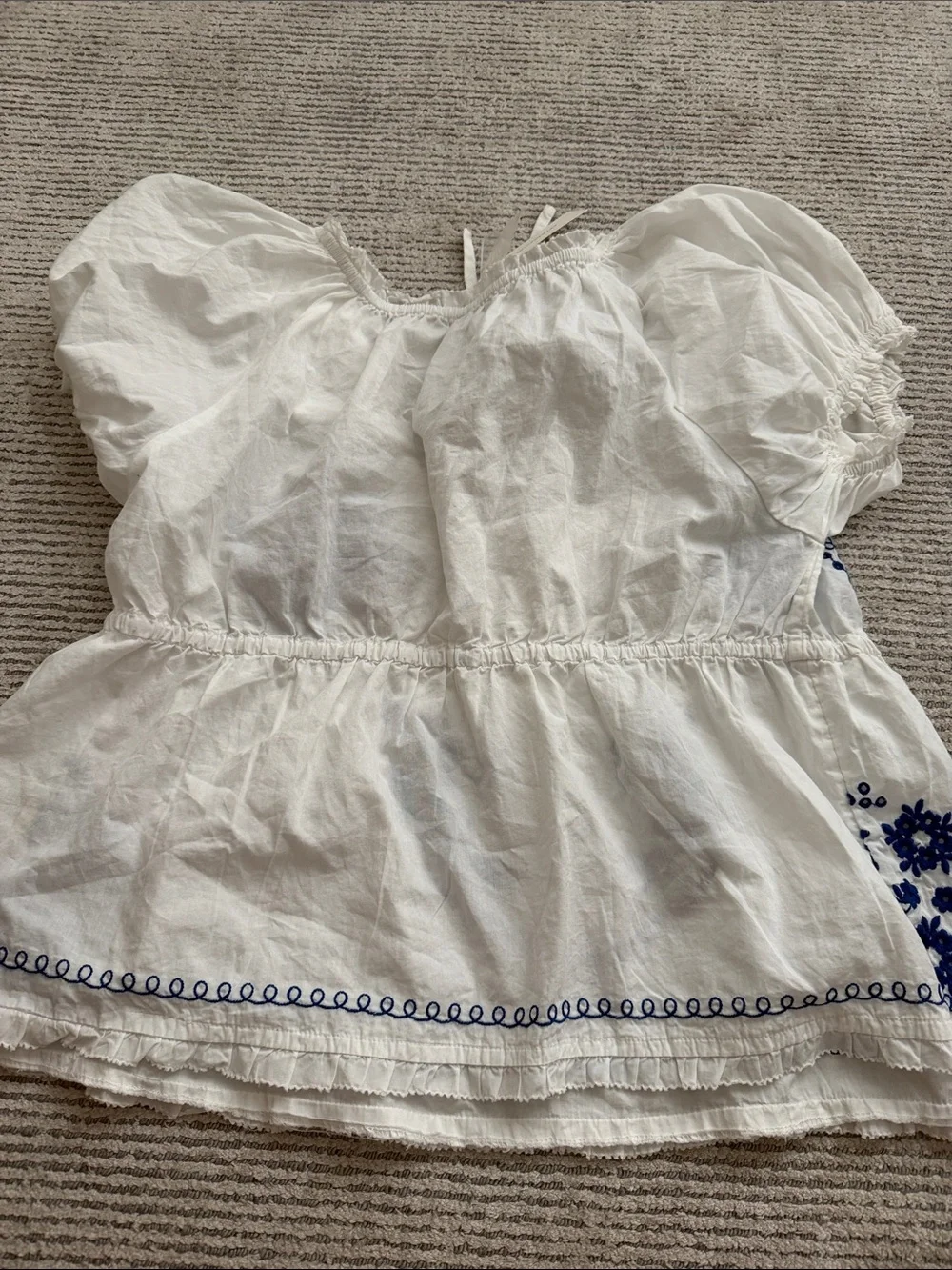 NWT Anthropologie White Peasant Peplum Top with Blue Embroidery size medium